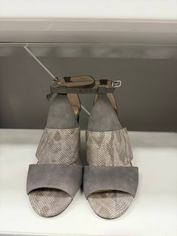 Women's Grey Textured Block-Heel Sandals with Ankle Strap