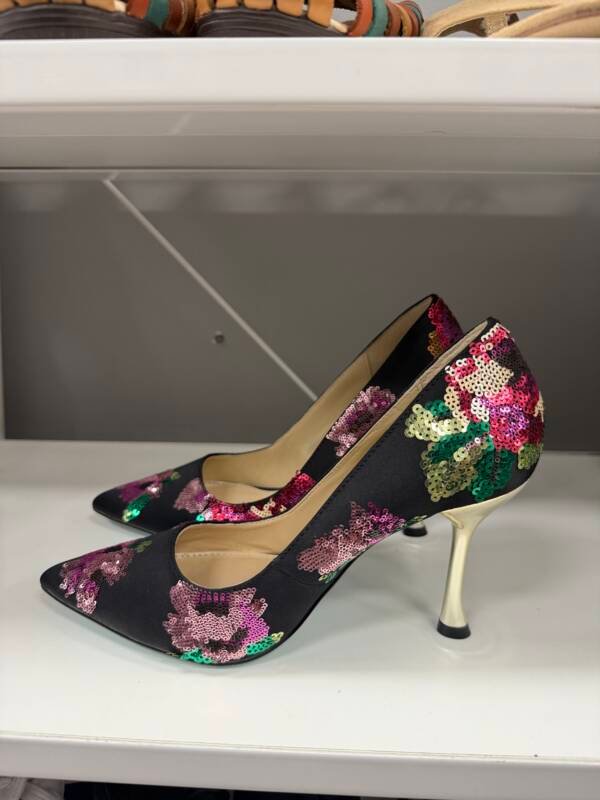 Betsey Johnson Black Floral Sequin Stiletto Heels - Image 2